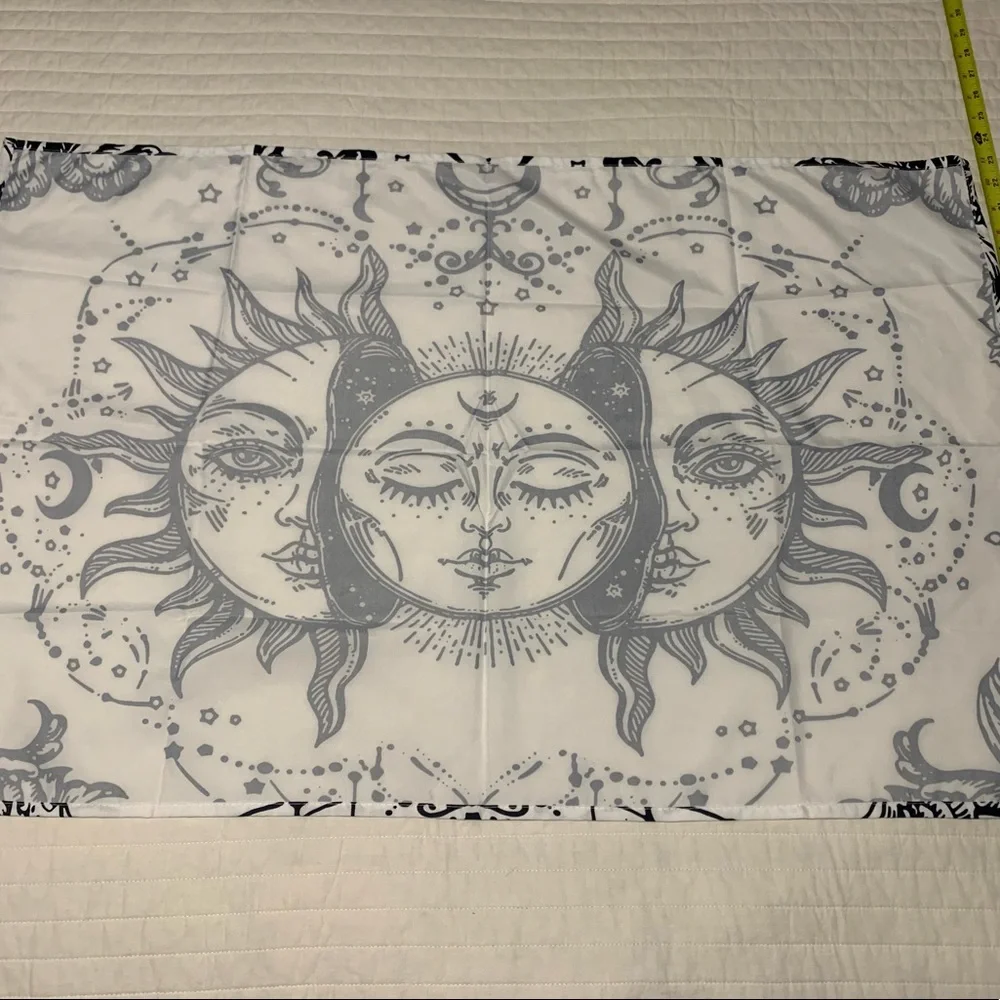 White And Black Tapestry Moon Plases Sun Solar Face Star Floral Ray Eclipse Half